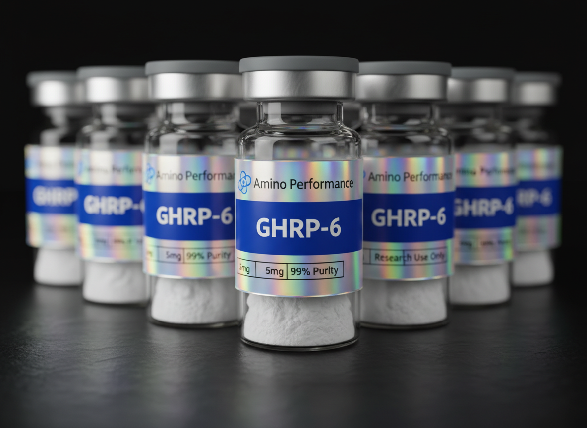 Professional product photography of multiple small glass peptide research vials arranged on a dark near-black surface. Each vial has a holographic iridescent rectangular label wrapped around the body of the vial. The label design exactly matches: holographic/rainbow shimmer background, small blue atom/molecule icon in the top left, "Amino Performance" text in dark ink next to the icon, a solid royal blue rectangular banner in the center of the label with bold white text reading "GHRP-6", below that on the left a small boxed text "5mg", and on the right "Research Use Only", with "99% Purity" in between. The labels curve realistically around the cylindrical glass vials. The vials are sealed with grey rubber stoppers and aluminium crimp caps. White lyophilized freeze-dried powder is visible inside. Dark moody studio lighting, near-black background, subtle specular highlights on the glass and holographic label shimmer. Premium pharmaceutical research product photography, sharp focus, depth of field.