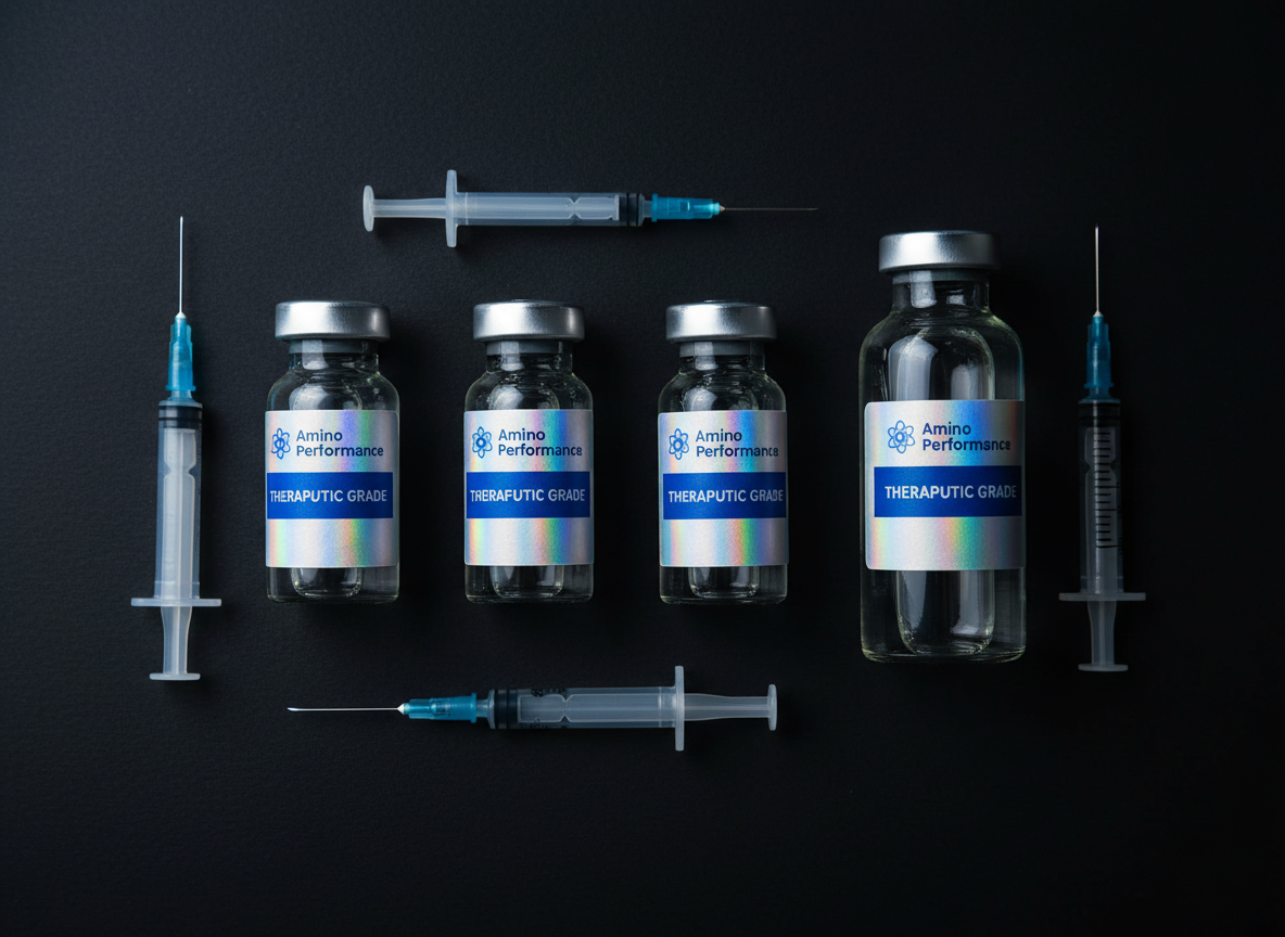 Clinical pharmaceutical supplies flat lay on a dark charcoal near-black surface. Arranged neatly: small glass vials and syringes with needles attached. Cool blue studio lighting, clinical and professional pharmaceutical aesthetic, dark moody background, sharp focus, subtle specular highlights on glass and metal. Clean, minimal composition.